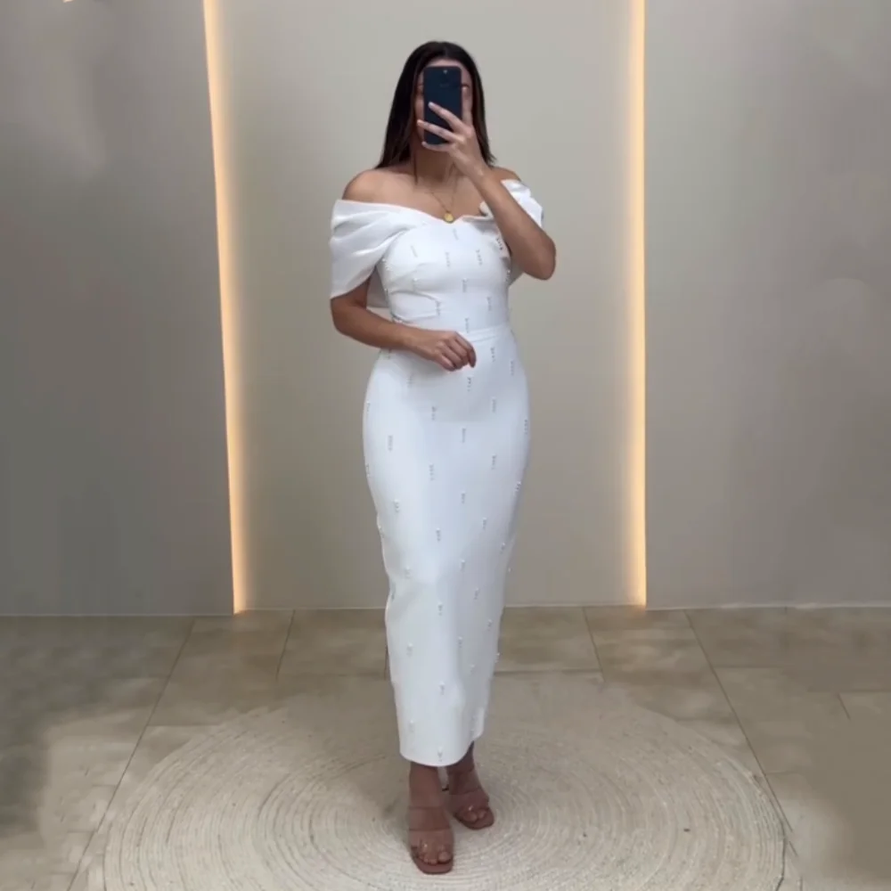 

Customized Glitter Beading Off-the-shoulder Straight Midi Dresses Formal Evening Dress Bespoke Occasion Elegant Party Wedding