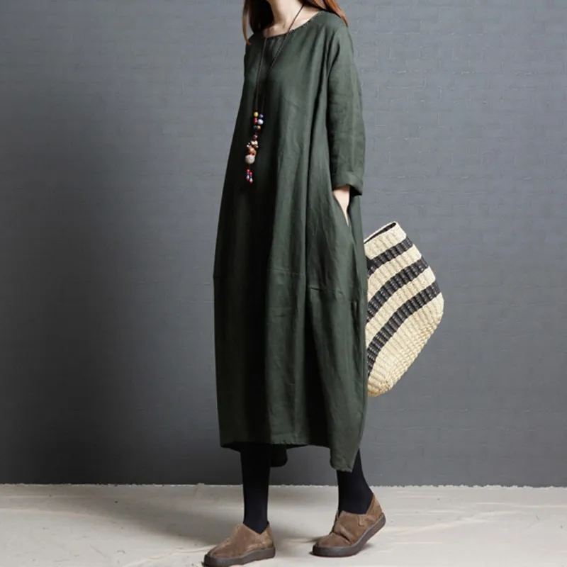 Women Dresses 2026 New Spring Autumn loose round o collar cotton linen long sleeves long dresses women's clothing vestidoes
