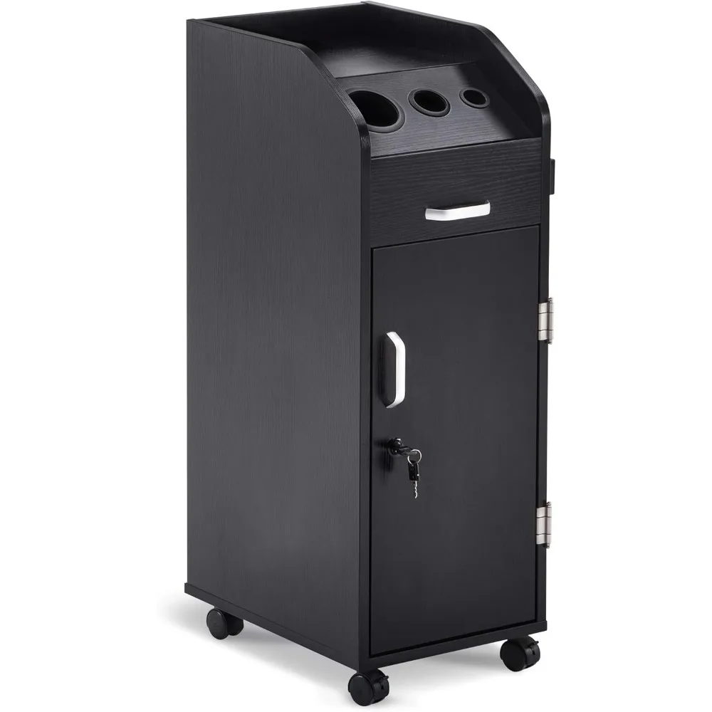 عربة تخزين لصالونات التجميل من BarberPub، حامل مجفف الشعر، معدات مصفف الشعر مع عجلات دوارة قابلة للقفل، درج (أسود)