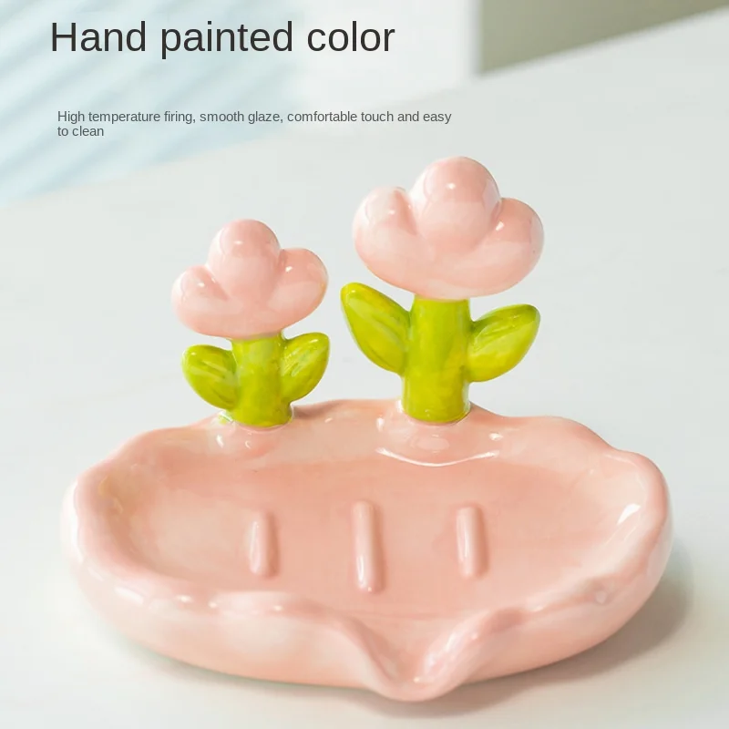 Cream Style Ceramic Soap Dish Women's Jewelry Storage Box Tilt for Quick Drainage Handmade High-Quality Flower Design