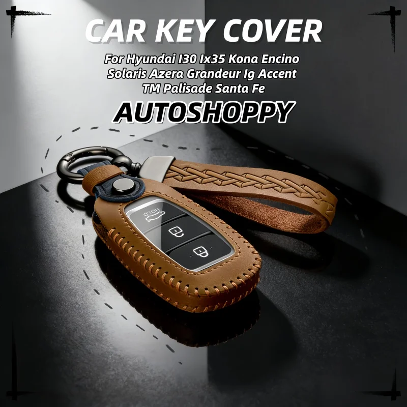 

Leather Car Key Cover Case Shell for Hyundai I30 Ix35 Kona Encino Solaris Azera Grandeur Ig Accent TM Palisade Santa Fe