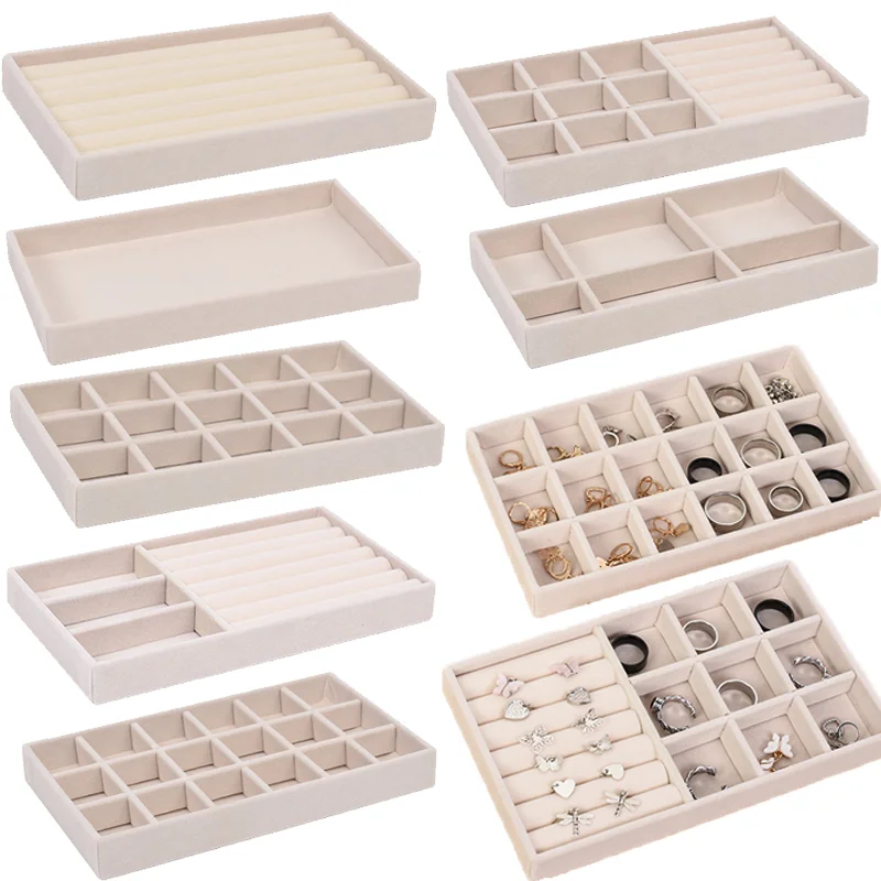 Velvet Jewelry Tray Storage Drawer Small Stackable Beige Jewelry Boxes Organizer Drawer Insert  Display Earring Ring Case