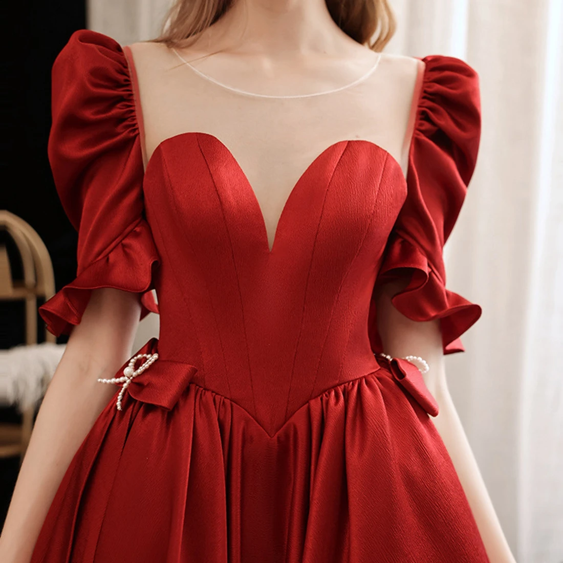 A-Line Prom Dress O-Neck Floor-Length Evening Party Dresses Satin Sexy Prom Dresses with Short Sleeves Customized