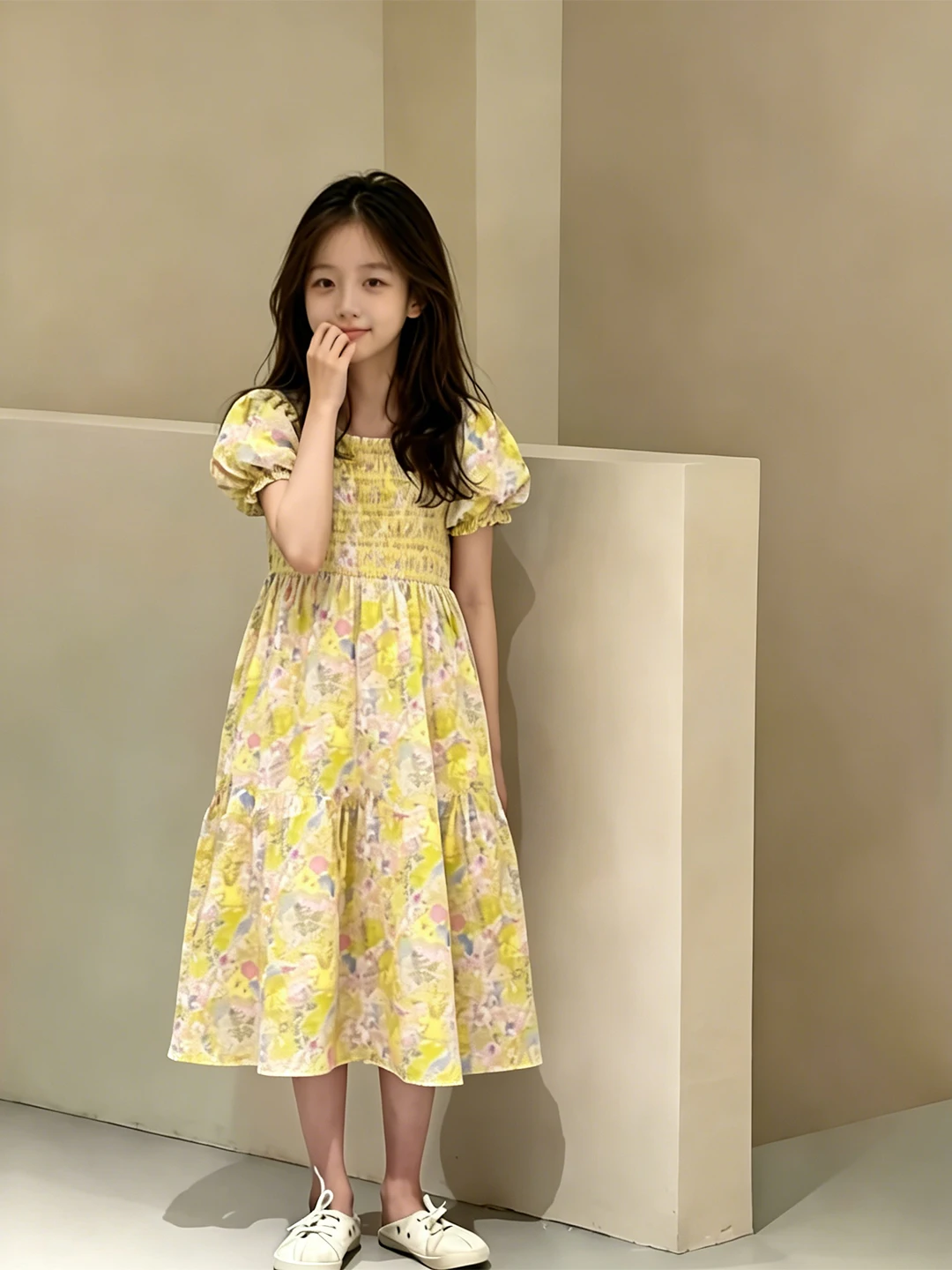 

Girls Knee-Length Dress Floral Print Bubble Sleeve Country Style Children's Skirt Summer Fashionable Pola Team Kids Dress