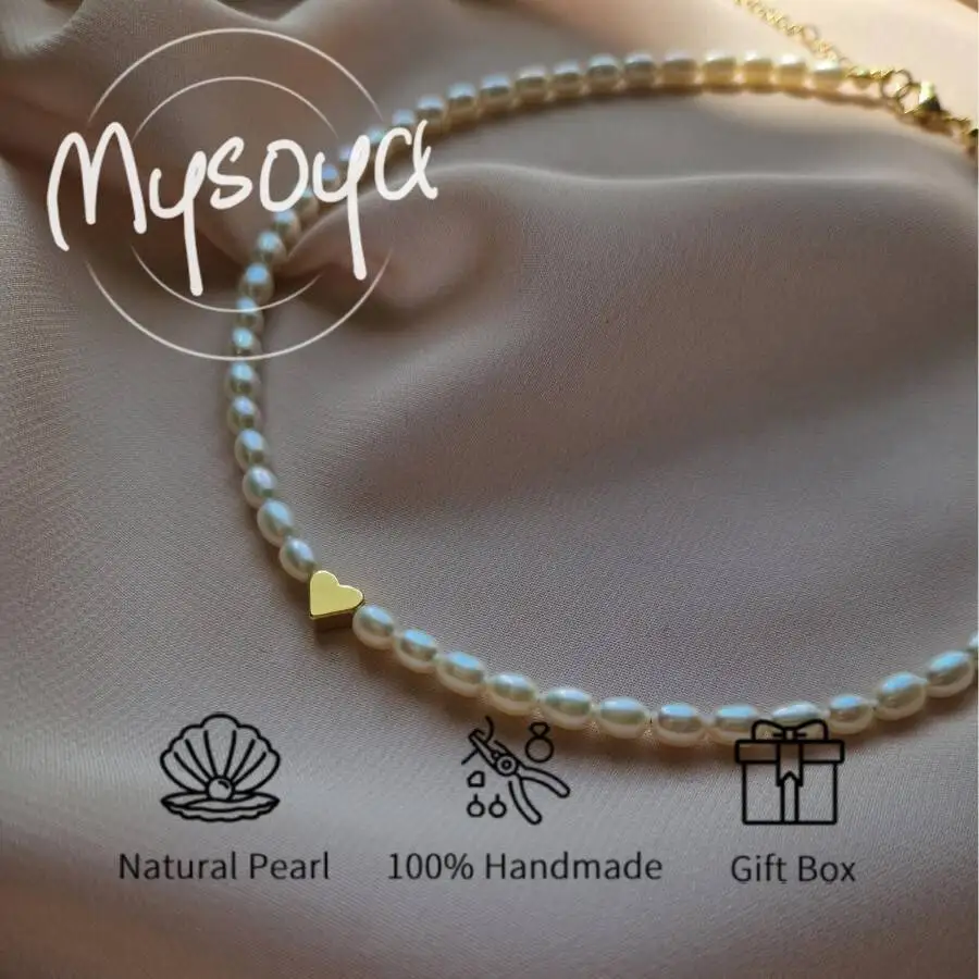 

MYSOYA White Rice-shaped Freshwater Pearl Heart Necklace Choker, 4-5mm Pearls, with Gift Box Birthday Gift, Wedding Jewelry
