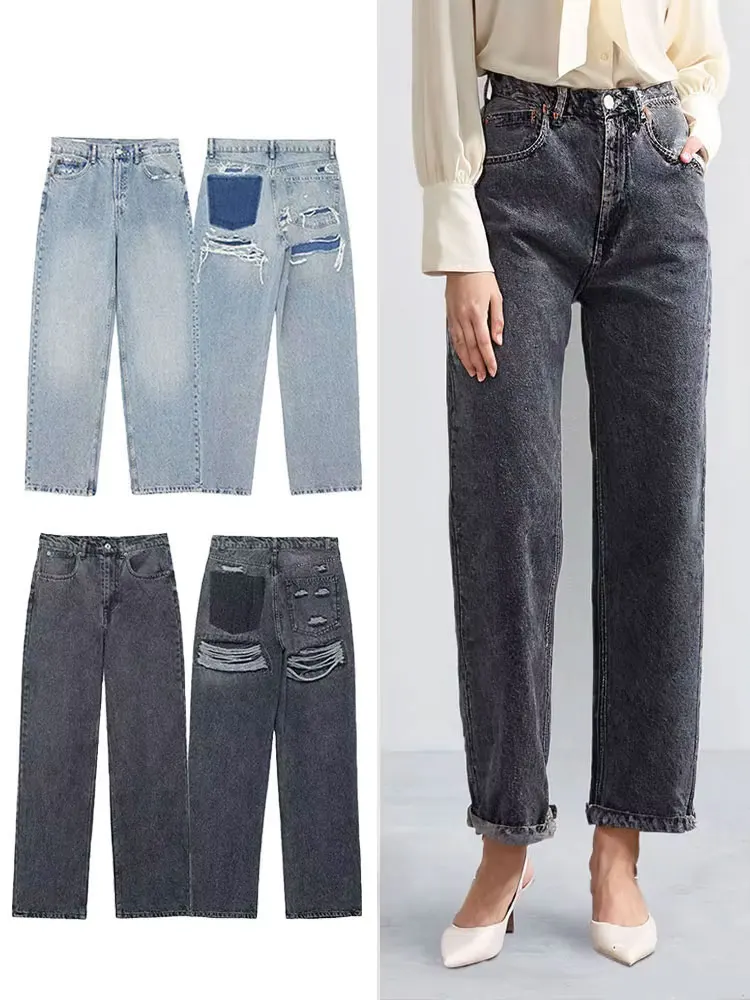 HH 2024 Vintage Denim Jeans Voor Vrouwen 2 Kleuren Hoge Taille Rits Ripped Verontruste Patchwork Causale Rechte Broek