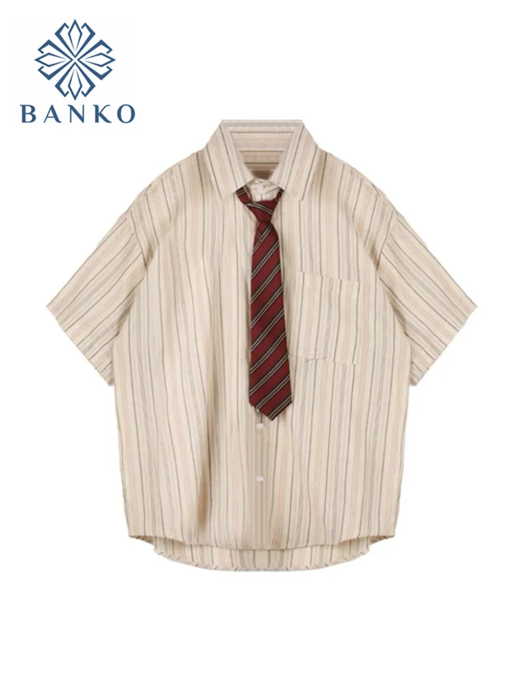 Camisa a rayas de estilo pijo con corbata para mujer, Tops coreanos elegantes de manga corta Y2k que combinan con todo, blusa Vintage Harajuku para