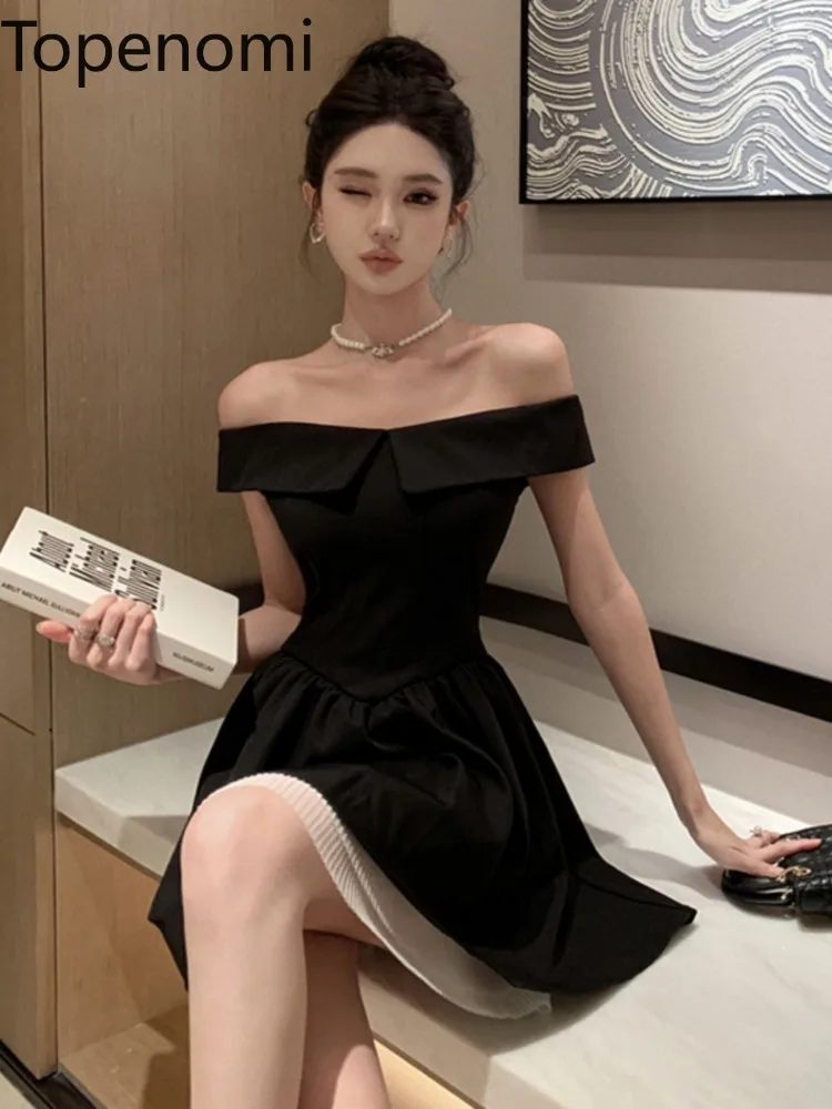 Topenomi French Vintage Boat Neck Black Evening Dress Women Elegant High Waist Slim Fit A-line Cocktail Prom Party Short Dresses