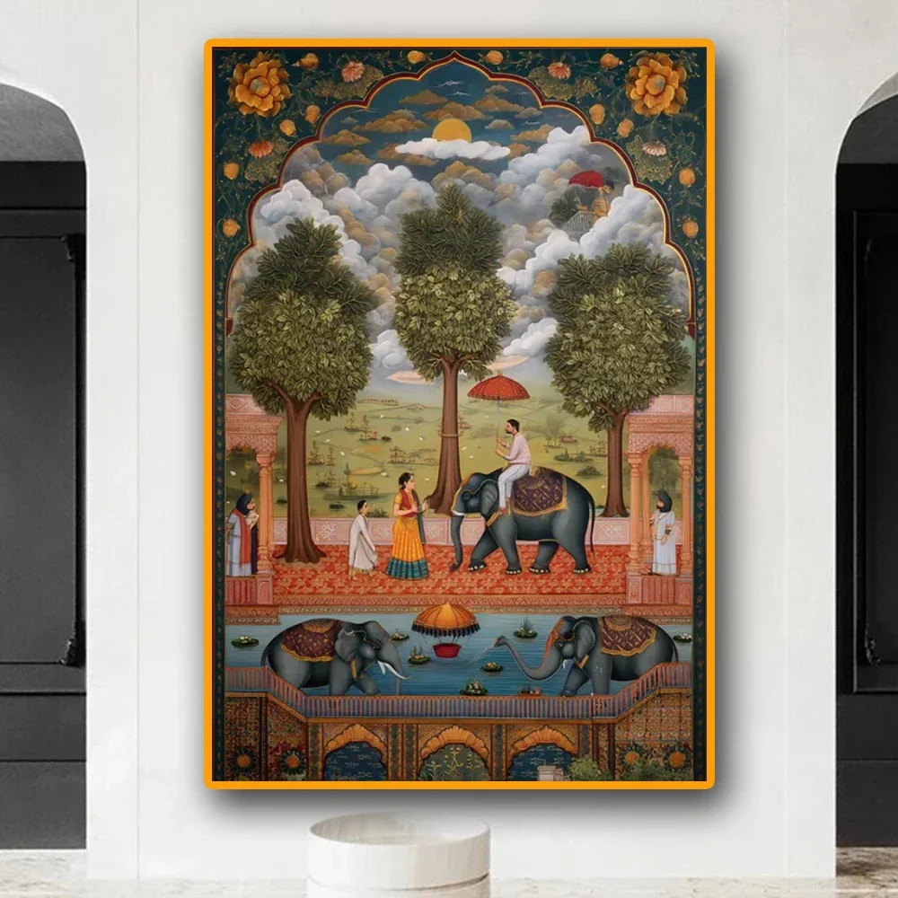 Mughal Wall Art Vintage Indian Traditional Art Poster Print Palatial Garden Scene And Elephant Procession Canvas Painting Decor