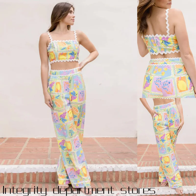 sexy-slim-fit-satin-dress-printed-strap-vest-independent-station-long-pants-women's-summer-sweet-style-home-clothes