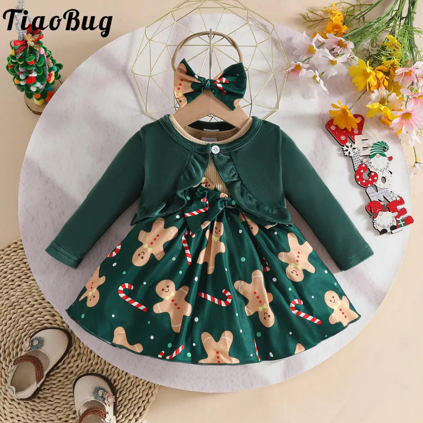 Toddler Baby Girl Christmas Dress And Cardigan Set Long Sleeve Velvet Coat Cute Printed Dress Headband Xmas Holiday Party Outfit