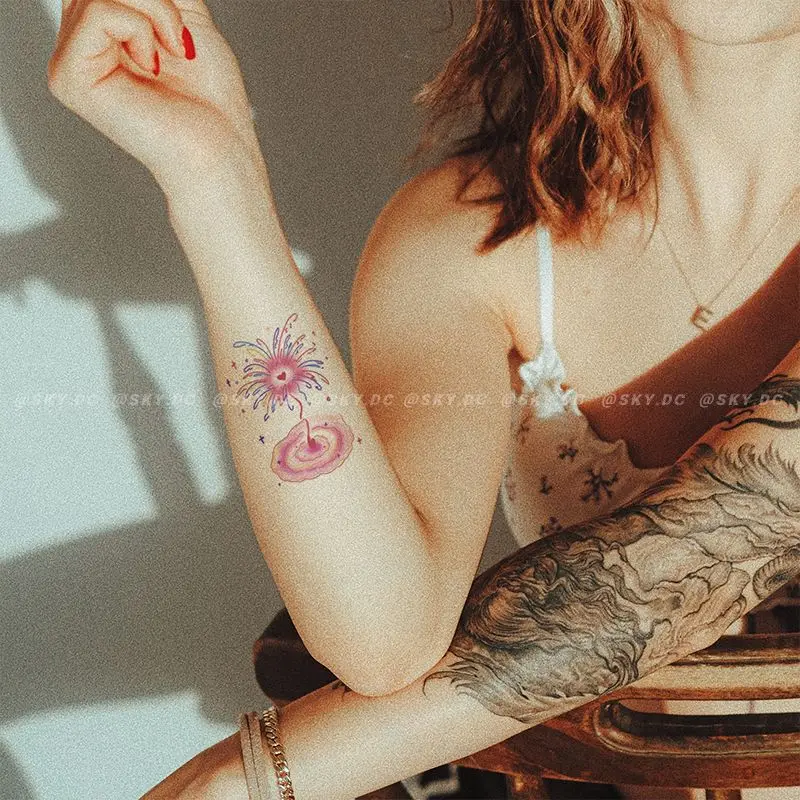 Fashion Pink Fireworks Tattoo Sticker Women Man Arm Fake Tattoo Sleeve Custom Temporary Tattoos Wedding Stickers for the Face