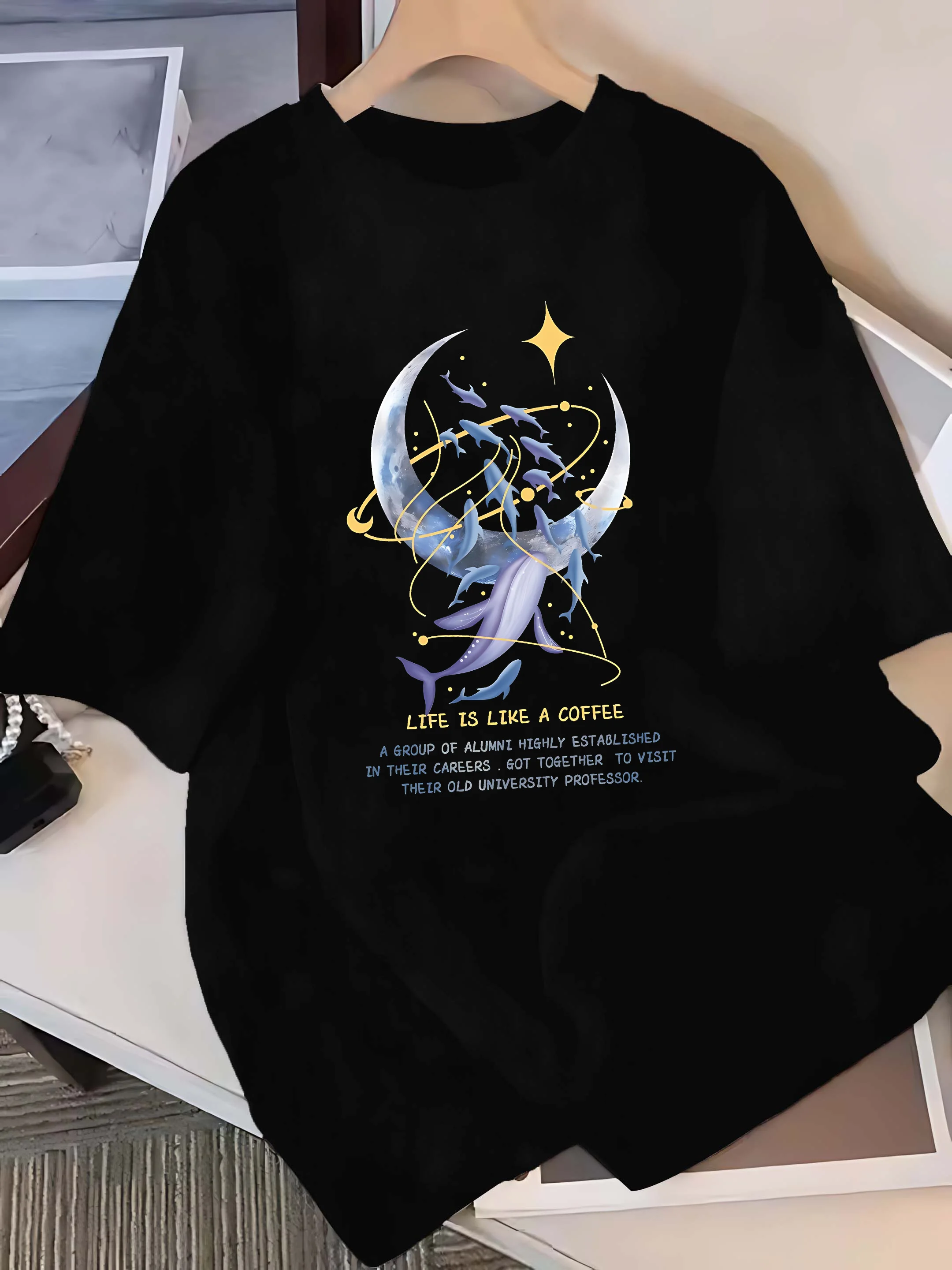 The Image Features A Dreamy Whale and Moon, Symbolizing "Life Is Like A Cup of Coffee".graphic T Shirts Women Clothing Summer