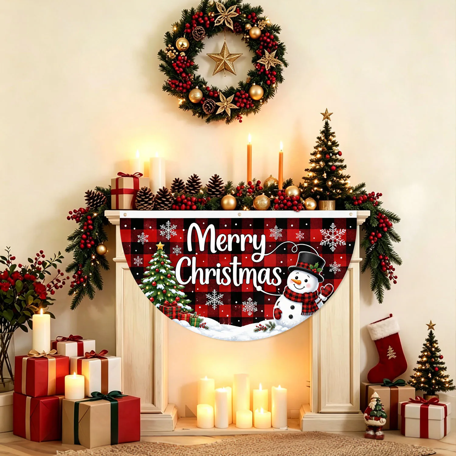 Merry Christmas Fan Flag Red Buffalo Plaid Snowman Bunting Banner for Porch Stair Fireplace Indoor Outdoor Xmas Home Decor