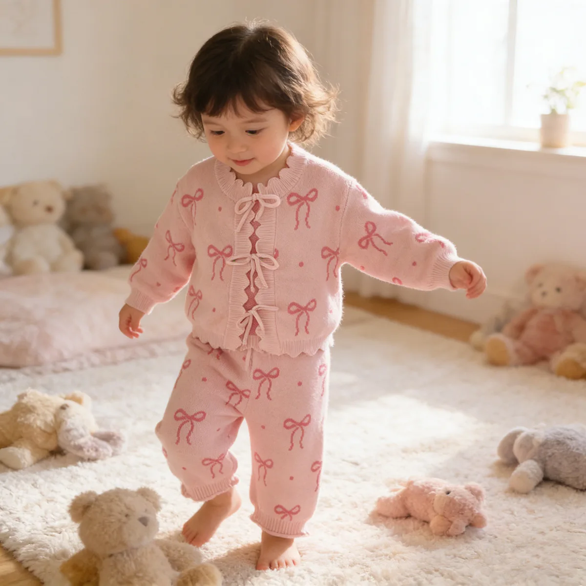 100% Cotton Baby Sweater Set Newborn Kid Baby Girl Winter 2pcs Clothes Set Knit Cardigan Pant Suit Warm Cute Bow Outfit