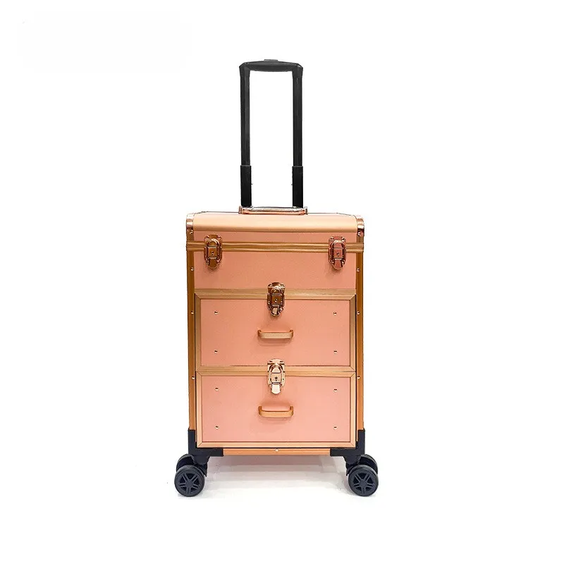 حقيبة مكياج للسفر بشعار شخصي، سعة كبيرة لمستحضرات التجميل من جلد البولي يوريثان، صندوق درج من سبائك الألومنيوم لجمال رموش الأظافر