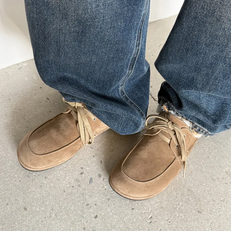 Women's Loafers Fur Lined Sheep Suede Moccasins Lace Up Flat Warm Plush Round Toe Winter Casual Comfortable Slip On Shoes F472