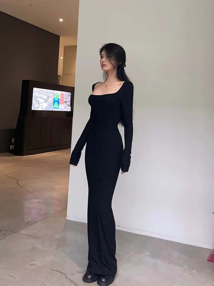 Kardaian outono sexy picante fino ajuste bodycon bla longo sve quadrado ne longo dr feminino maxi dr busin algodão casual