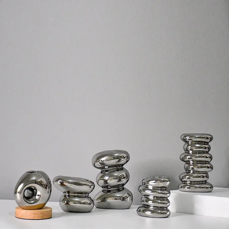 2026 Unique Silver Pebble Ceramic Decoration Flower Vase Geometric Stack Floral Arrangement Accessories Terrarium Room Decoratio