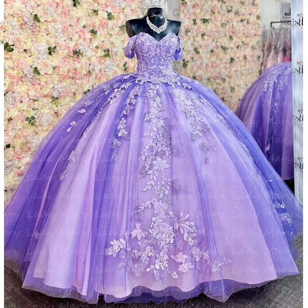 Vestidos de quinceañera morados personalizados con hombros descubiertos, apliques de encaje con cuentas para niña, dulce fiesta de cumpleaños, vestidos de graduación, 15