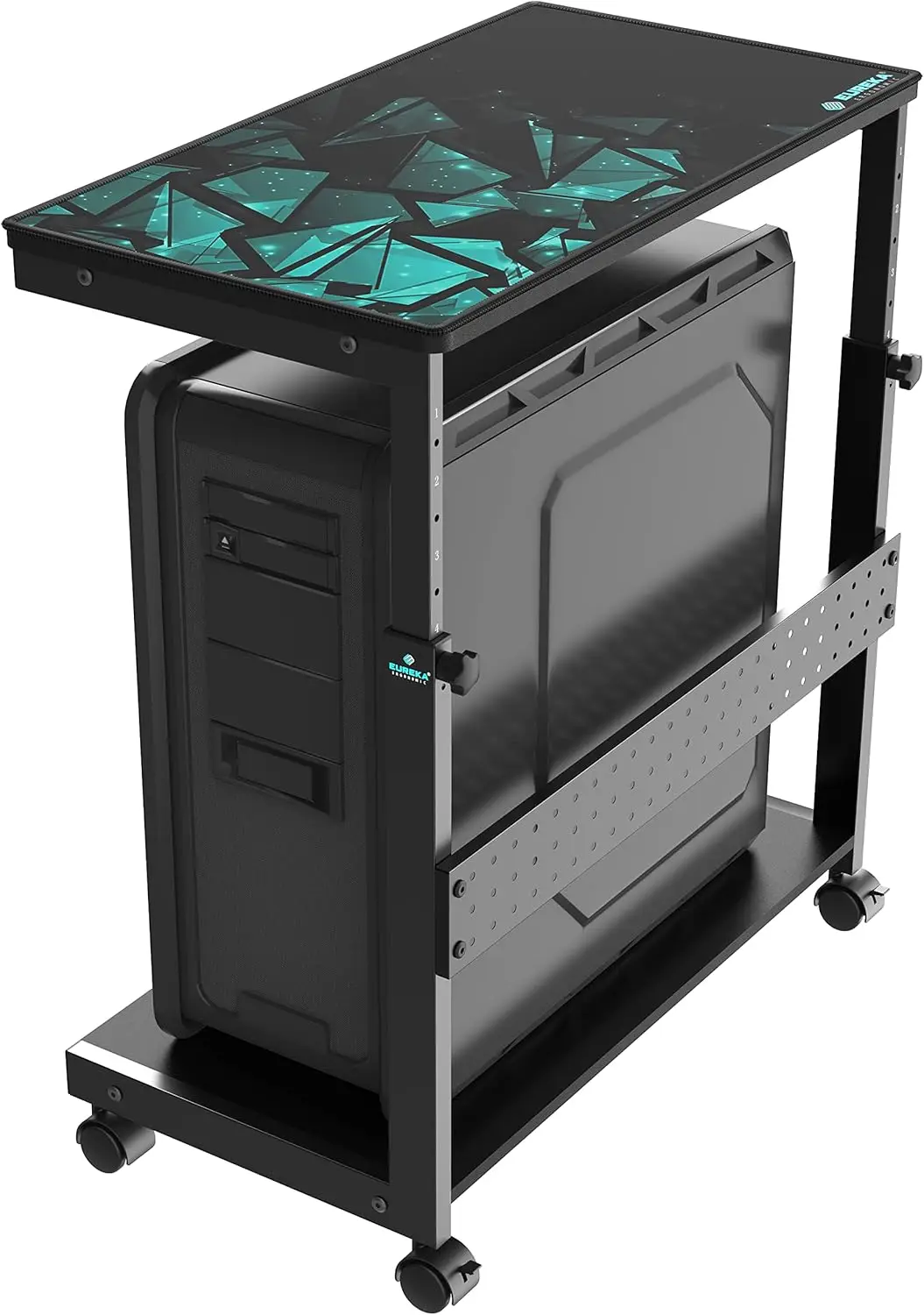 

Adjustable Height PC Stand with Wheels, 2-Tier Rolling Cart for ATX Cases and Printers in Home Office Gaming Setup