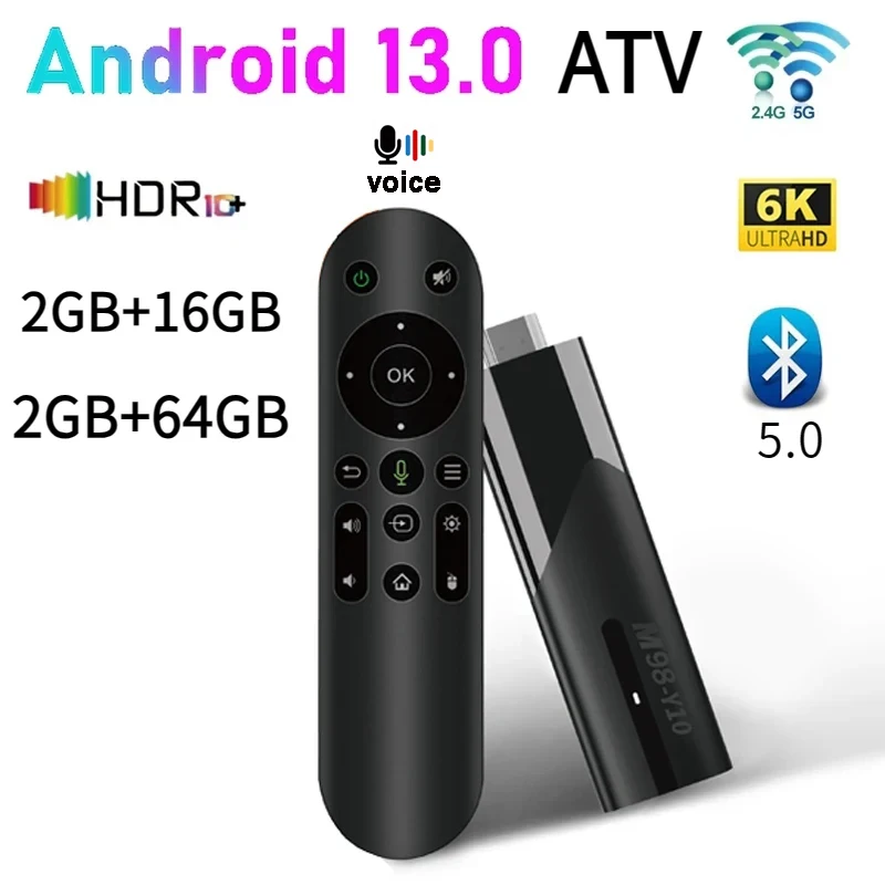 M98-Y10 ATV Smart Android 13 TV Stick Allwinner H618 2.4G 5G Dual WiFi 6 BT5.0 2GB 64GB 6K HD Media Player TV box