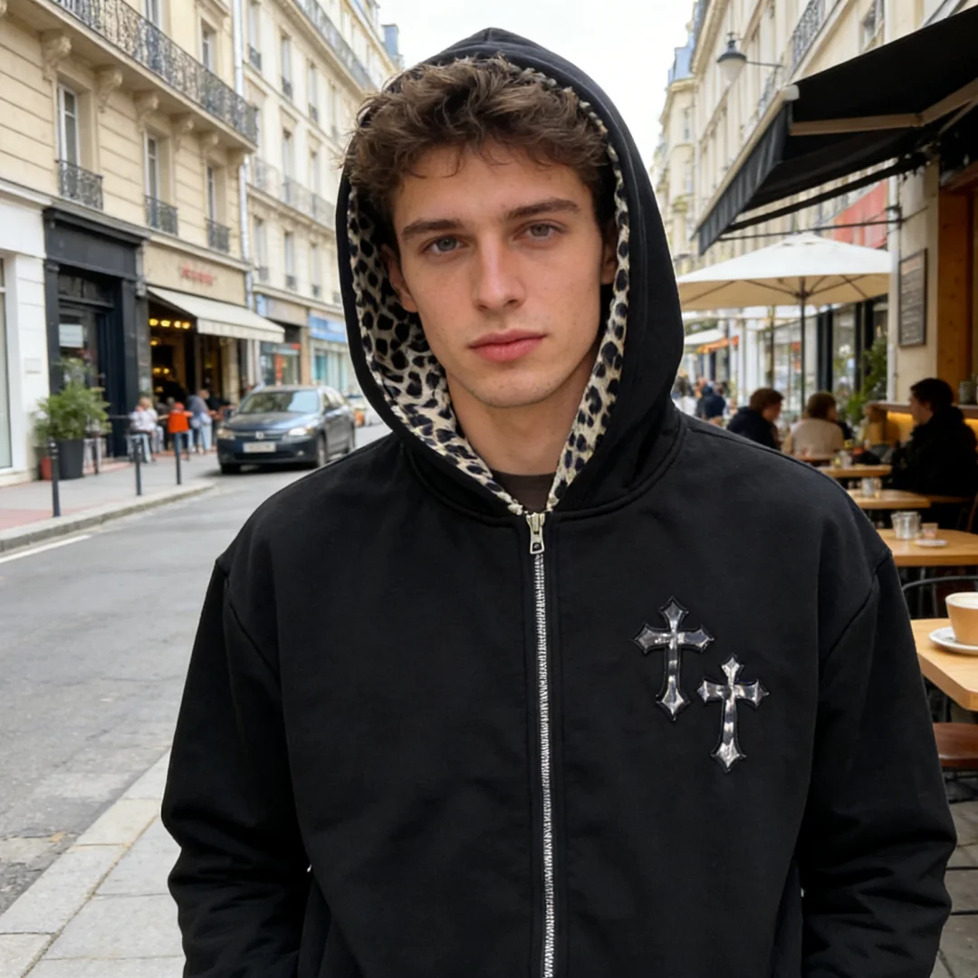 

206 Осенне-зимний ретро-свитшот унисекс с леопардовым принтом, на молнии, с капюшоном, свободного кроя, для пар