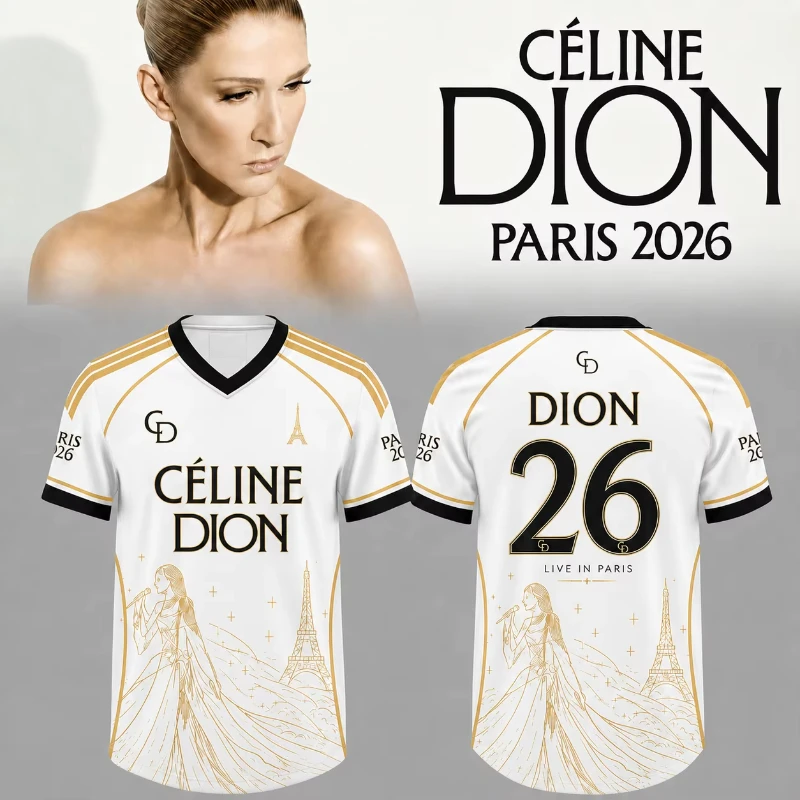 Celine Dion Paris 2026 Tour Soccer Jersey Gold Eiffel Tower Print Unisex V‑Neck Short Sleeve Tee Fan Shirt for Concert Party