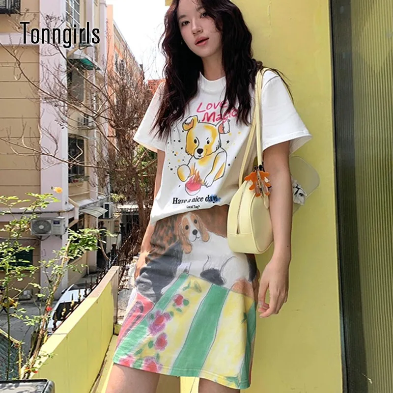 Tonngirls Vintage Skirt Women High Waist Print Y2k Retro Skirts Female Streetwear 2000s Japanese Bottom Summer Cartoon Skirts