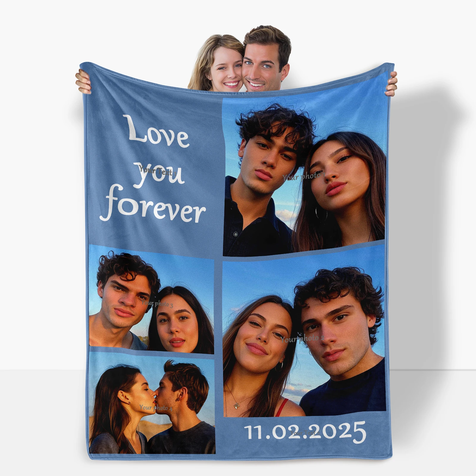 Customizable Valentine's Day Flannel Blanket. 4 Images and 2 Set Phrases to Express Love for Partners.