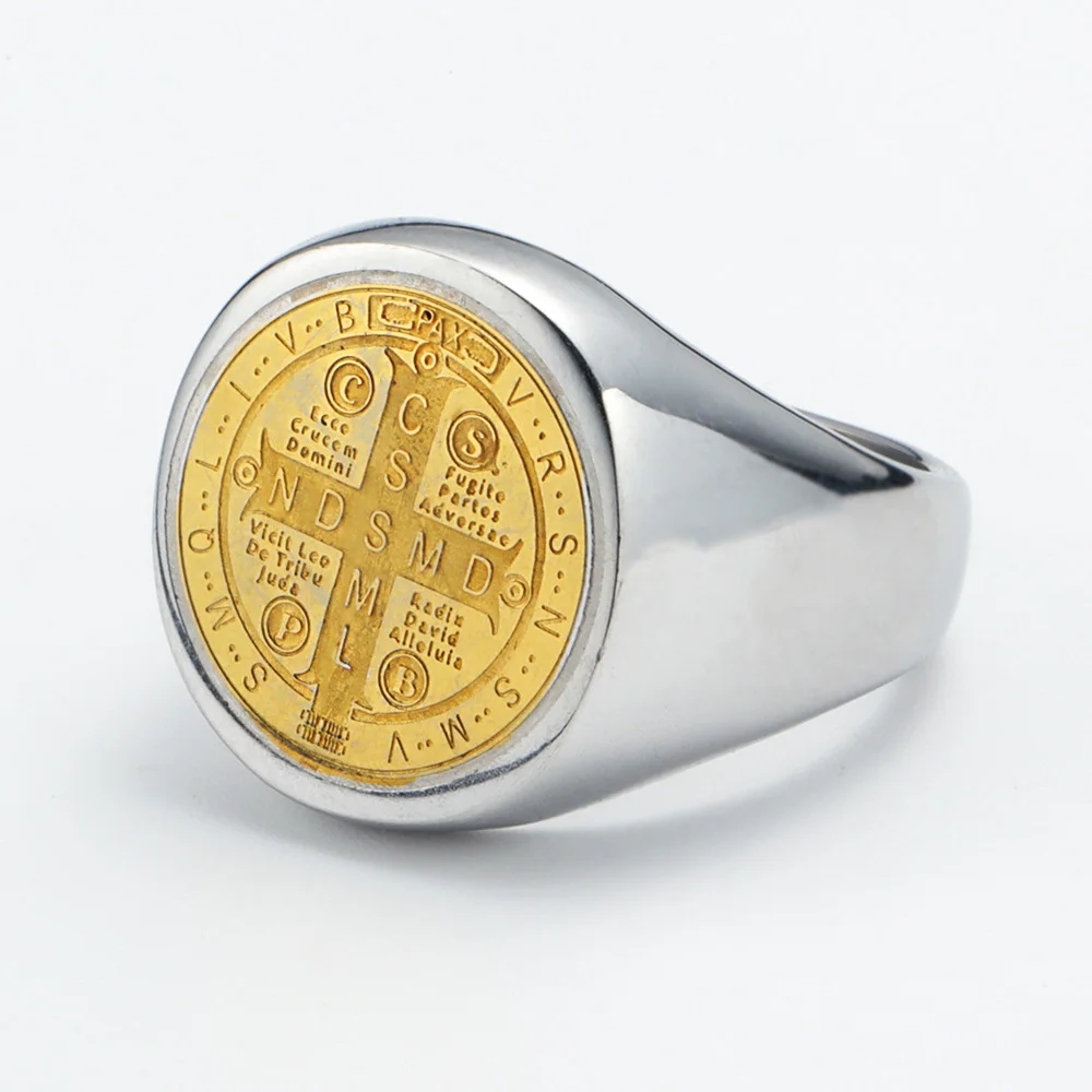 St. Benedict Cross Titanium Steel Ring PVD Black Coated Religious Jewelry Christian Gift Gothic Mens Ring Symbol Accessories