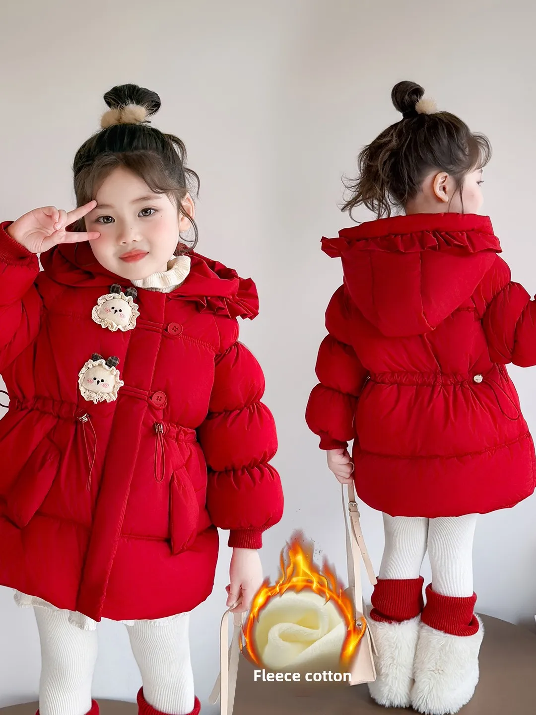 

Thiened Fce Winter Jaet for Girls Mid-Length Waist-Cinching Coat Warm Cotton Clothes Children's Clothing Baby Clothes