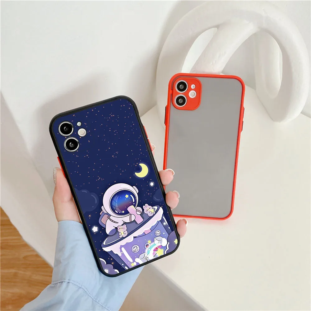 Cases For iPhone 15 Pro Max 14 7 8 Plus 13 12 11 XS X XR Cute Cartoon Star Astronaut Rocket Frosted Translucent Funda Phone Case