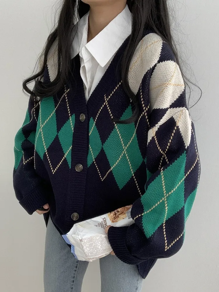 

Вязаный корейский стиль, осень-зима, кардиган с v-образным вырезом, женский клетчатый принт, модные женские кардиганы, свободные повседневные женские свитера, пальто