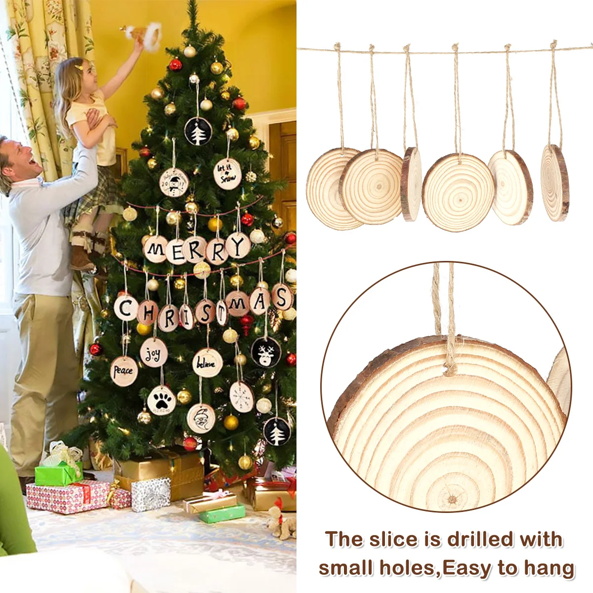 30/60Pcs Natural Unfinished Wood Slices Round Wooden Circles for Arts Painting DIY Crafts Wedding Decorations Christmas Ornament