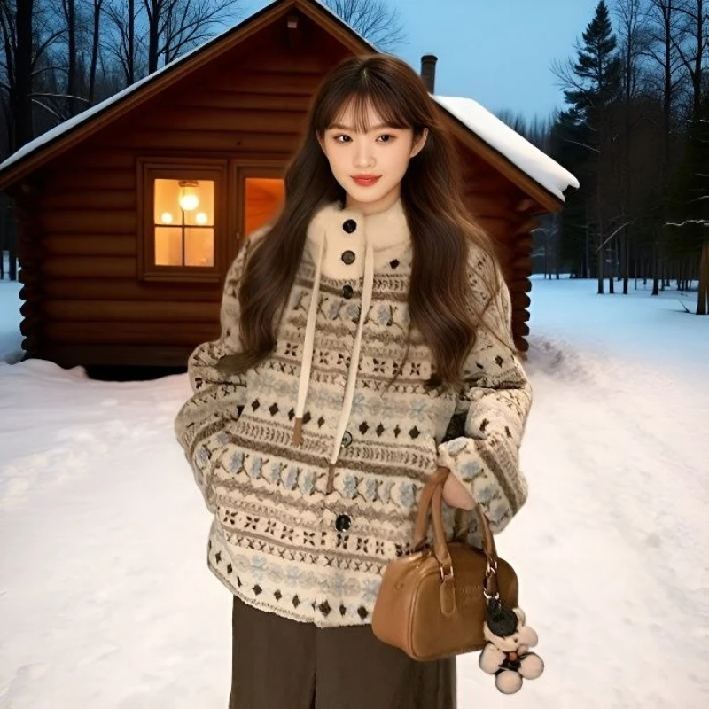 

2025 New Women's Fair Isle Knitted Coat Vintage Floral Pattern Hooded Jacket Female Warm Winter Loose Casual Outerwear