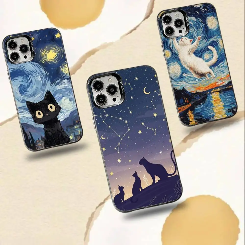

Starry Sky C-Cat Pattern Phone Case For iPhone 16,15,14,13,12,11,Pro,Max,Plus,Mini,XS,SE Anti Fall Black Matte Hard Bumper