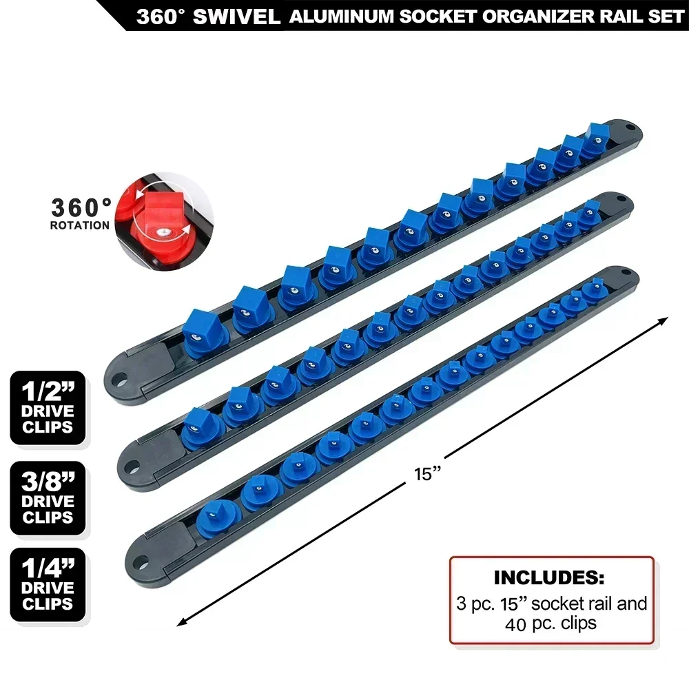 Premium Quality 360° Swivel ABS Socket Organizer Holder 1/4' 3/8' 1/2' Socket Clip Rail Tools Blue & Red
