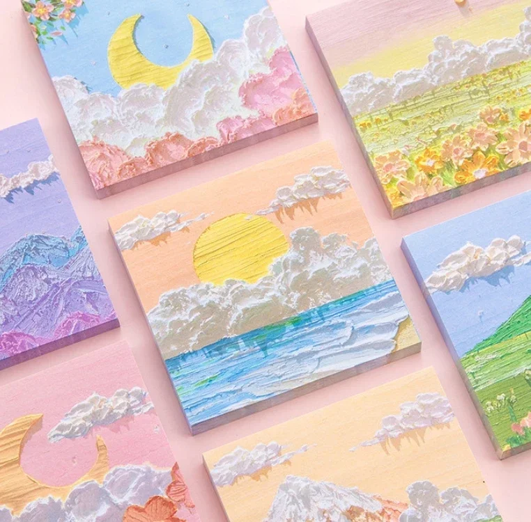 Landscape Oil Paintings Memo Pad 80 Sheets/Pack, Kawaii Sticky Notes Memo Notebook, School Stationery Supplies