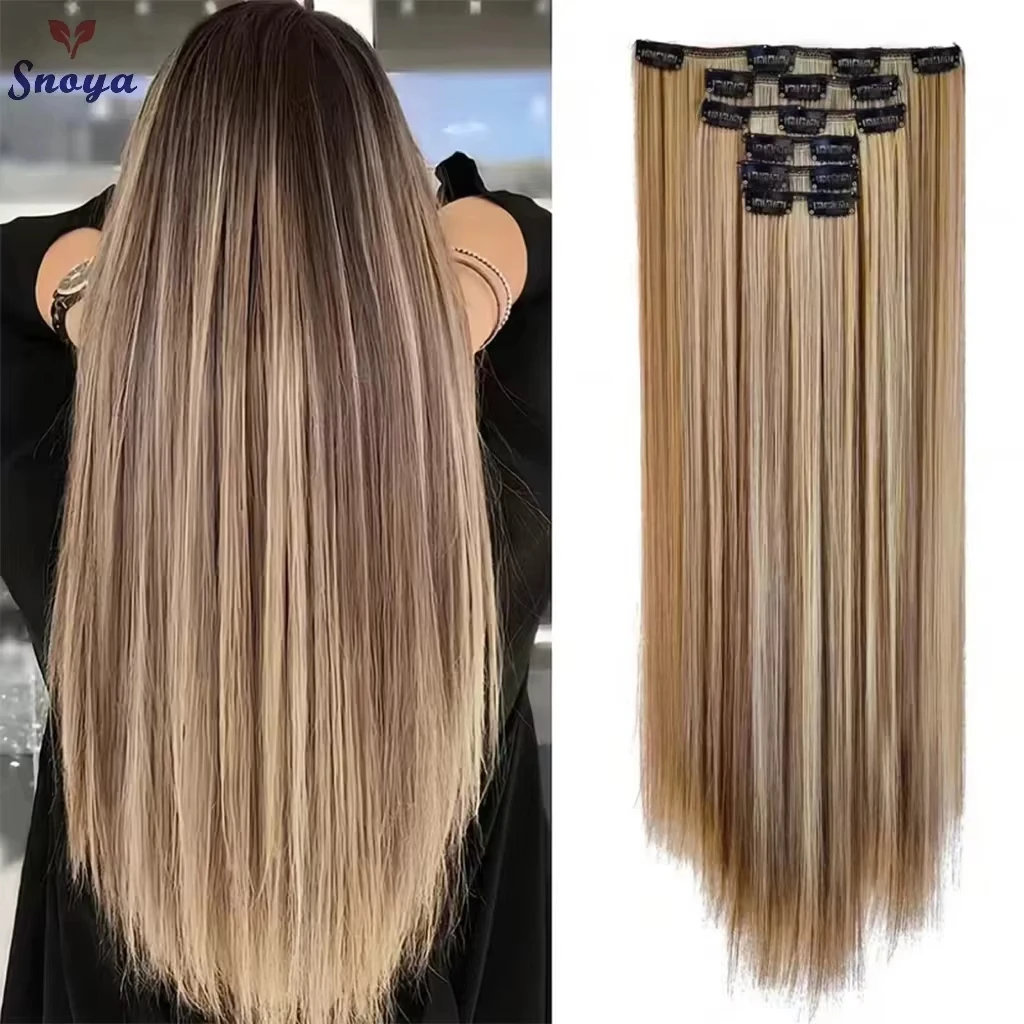 16 Clips in Hair Extensions 24Inchs Long Straight Hairstyle Synthetic Blonde Black Hairpieces Heat Resistant Fake Hair 6Pcs/Set