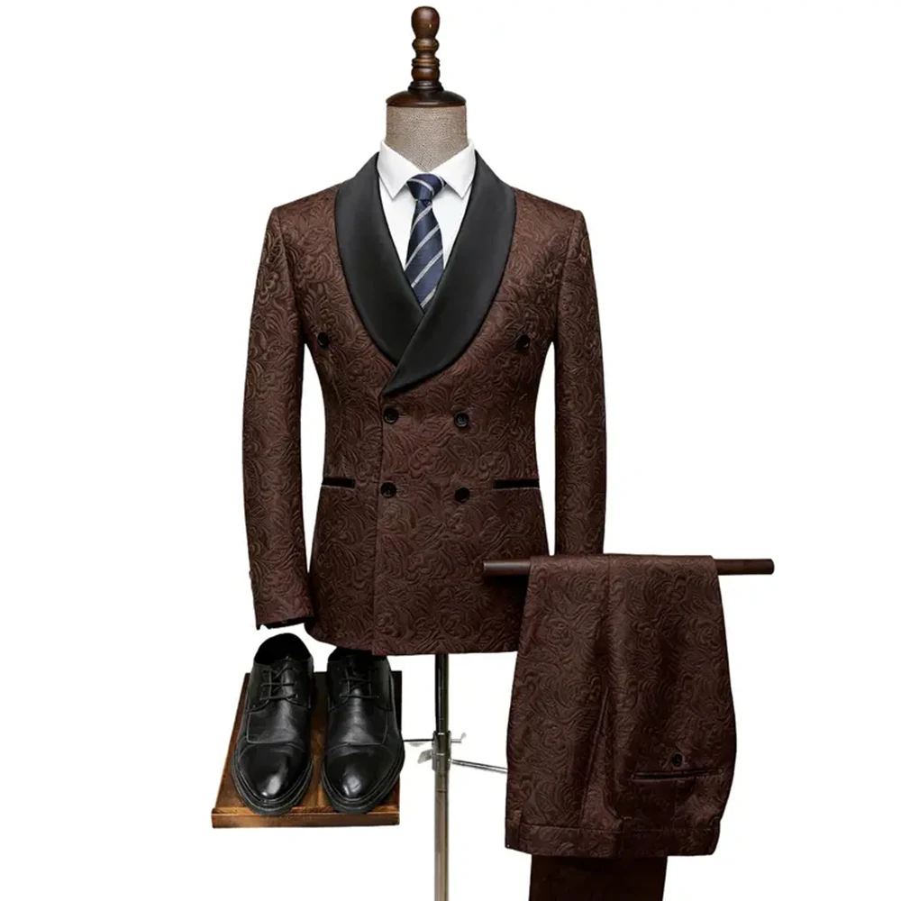 

Luxury Brown Men's Suits 2 Pieces Jacket Pant Sets High Quality Double Breasted Shawl Lapel Male Wedding Clothing Print Blazer