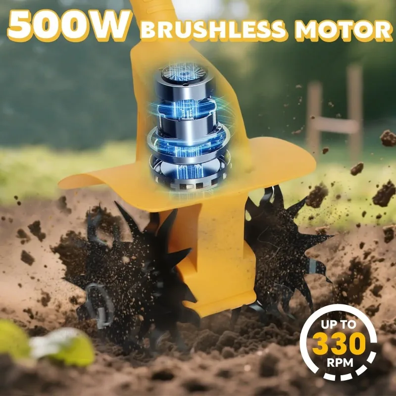

500W Brushless Cordless Tiller Cultivator 330RPM Portable Garden Soil Loosening Tool Compatible with 20V Battery