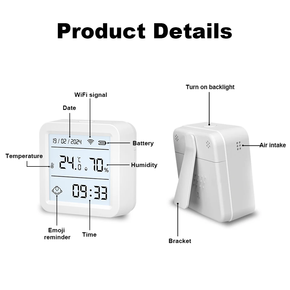 Sensor de umidade e temperatura wi-fi, aplicativo tuya, higrômetro, termômetro, luz de fundo, suporte para vida inteligente, alexa, google assistant