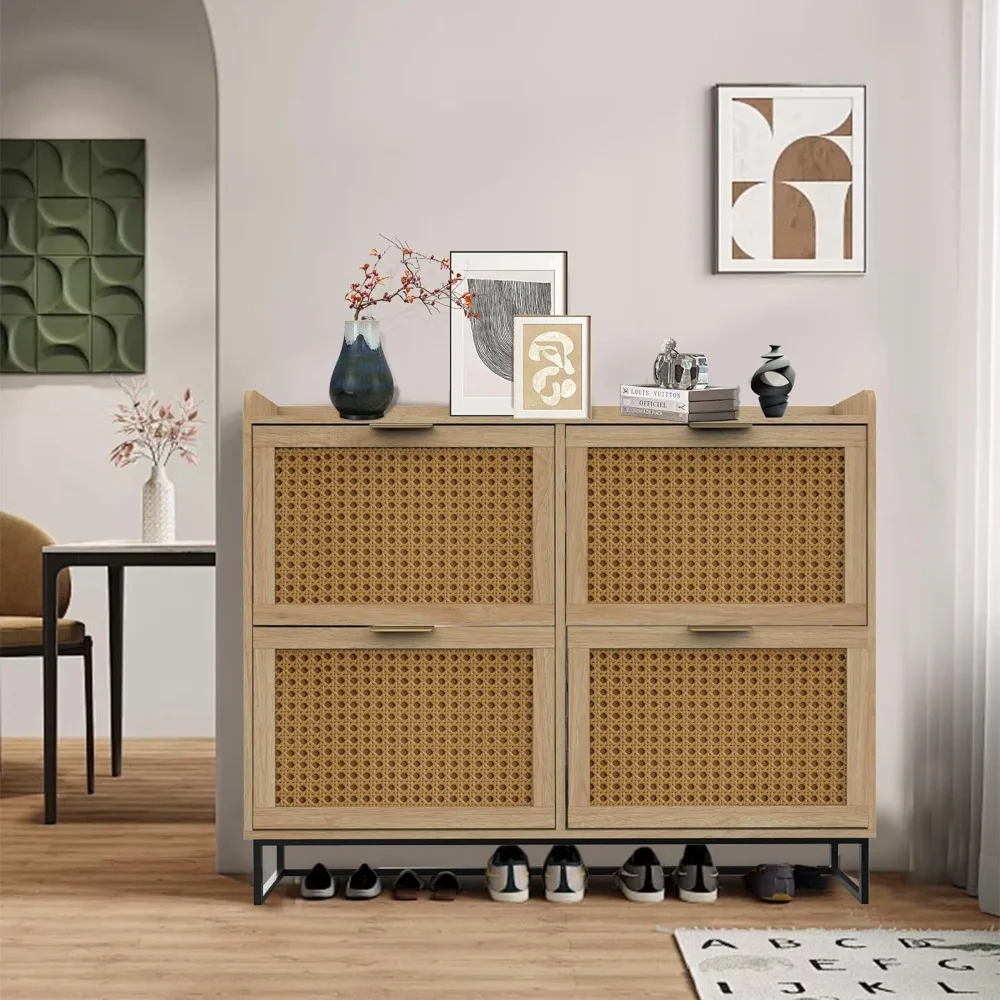 

Rattan Shoe Storage Cabinet with 4Flip Drawers, Large Narrow Hidden Shoe Cabinet with Metal Legs, Freestanding Wood Shoe Cabinet