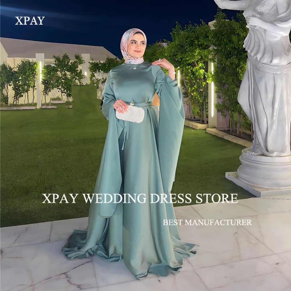 XPAY Simple Dubai Muslim Arabic Women Evening Dresses High Neck Flare Long Sleeves Silk Satin Formal Prom Occasion Dress Gown