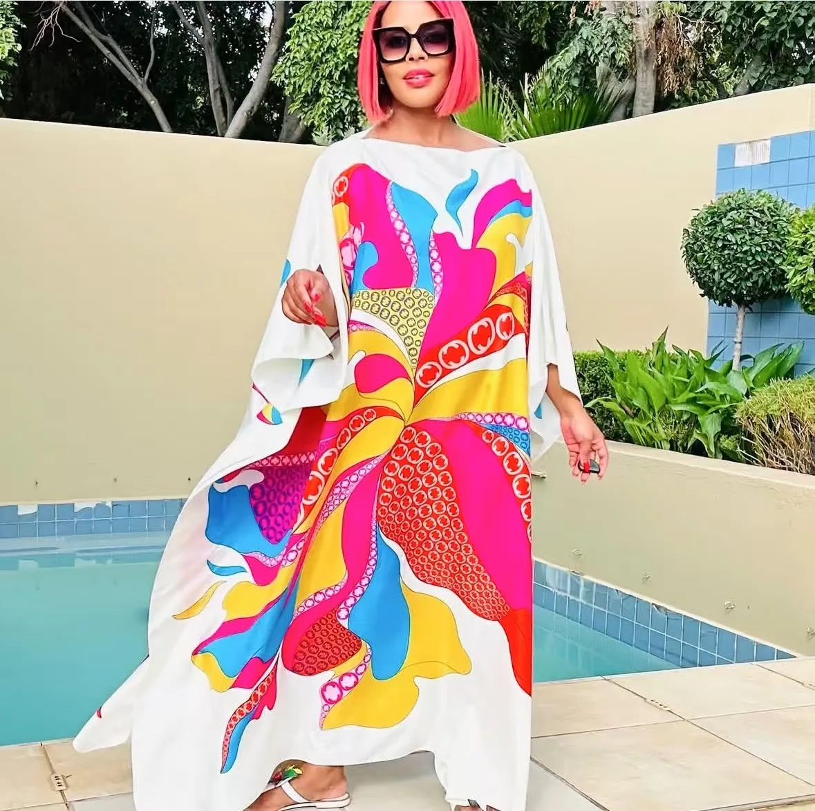 Middle East Elegant Printed Twill Silk Summer Kaftan Maxi Dress Oversized African Blogger Designer Loose Abaya Muslim Long Dress