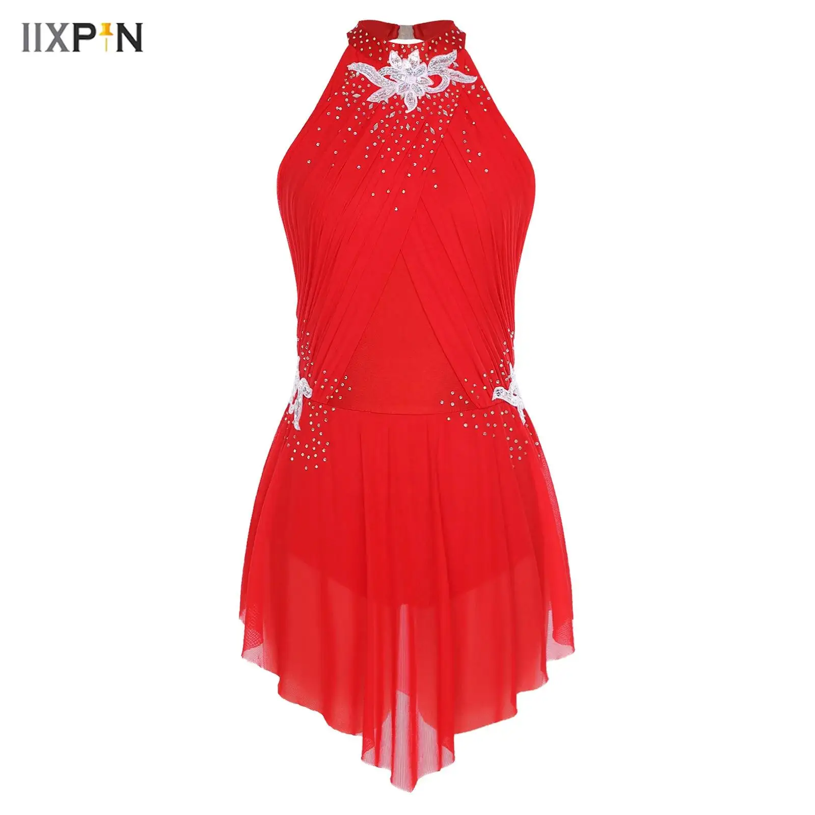 

Womens Rhinestones Embroidery Figure Skating Dress Sleeveless Ruched Mesh Layering Leotard Dress for Gymnastics Lyrical Dance