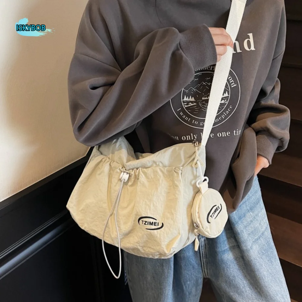 

Trendy Casual Drawstring Shoulder Bag Large Capacity Zipper Pleated Crossbody Bag Solid Color Designer Commuting Bag Teenagers