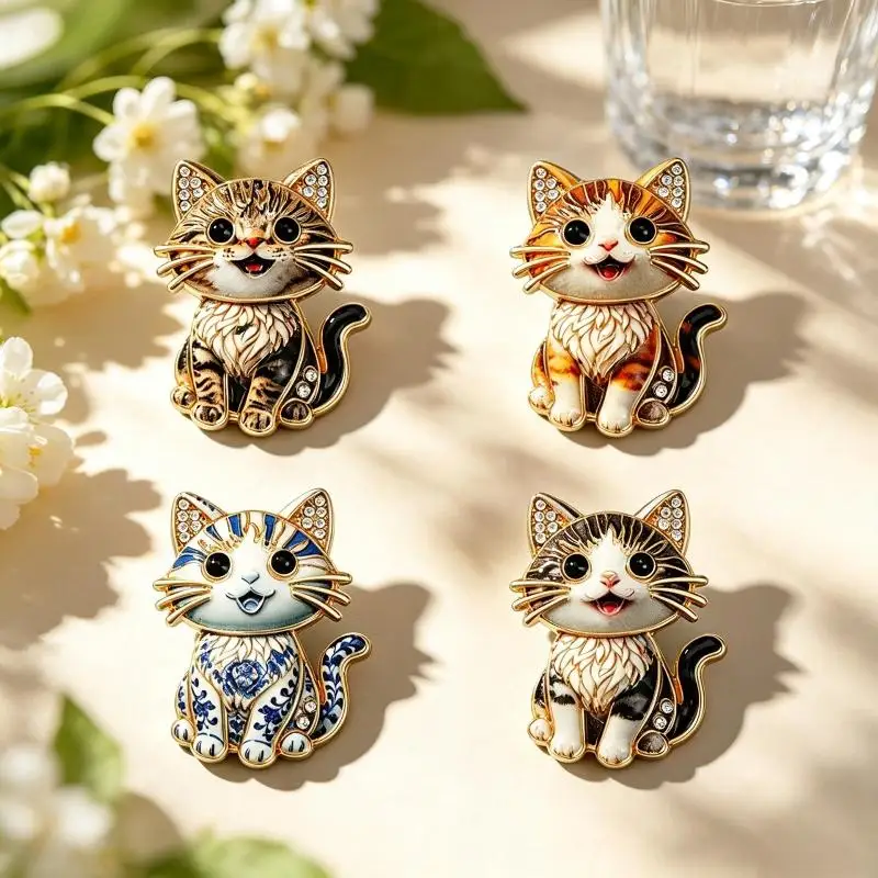 Cute Sitting Cat Brooches For Women Unisex Rhinestone Lovely Kitty Animal Party Casual Brooch Pin Gifts