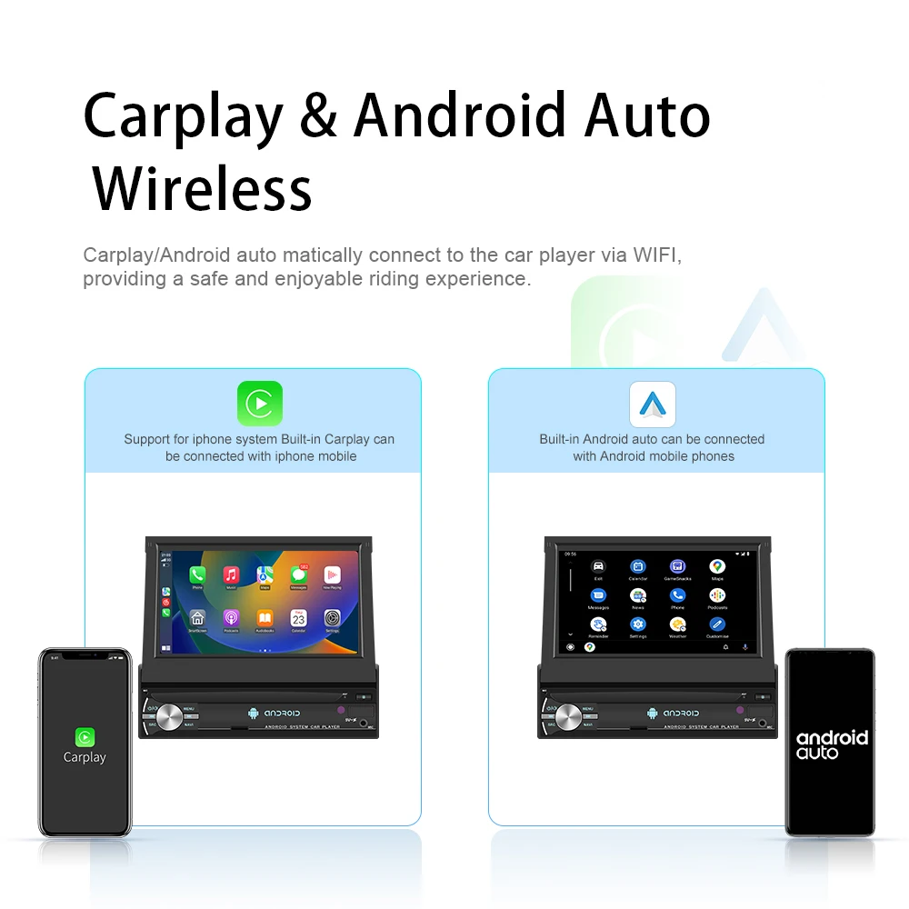 Podofo 2+64G Auto-Multimedia-Player, kabelloses CarPlay, Android Auto, 7'' HD 1080P Bildschirm, intelligentes Autosystem, GPS, Mirror Link, WIFI, BT, EQ, FM, RDS